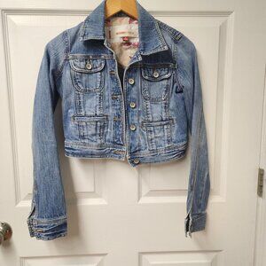Mossimo Denim, Jean Jacket, Size Medium, Distressed, Cropped, Mid Length, Button